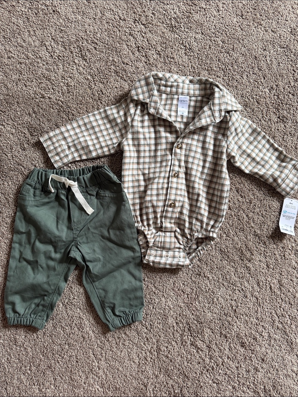 Carter's Olive Green Pants with Beige Plaid Button Bodysuit